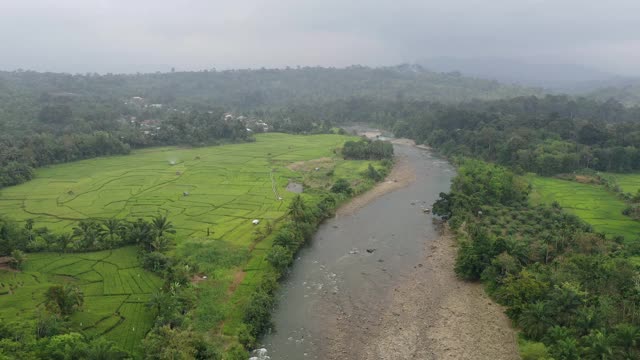 4K最佳鸟瞰图的村庄，稻田，河流和森林视频下载