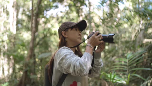 旅行者亚洲女人徒步在森林里视频素材