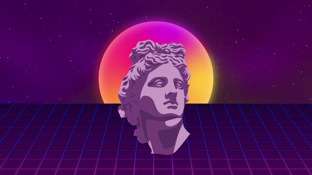 synthwave线框。日落和阿波罗的头。80年代风格，复古未来主义背景。VHS介绍。朋克风格。地平线景观，霓虹灯，星空。4k无缝循环。Vaporwave视频素材