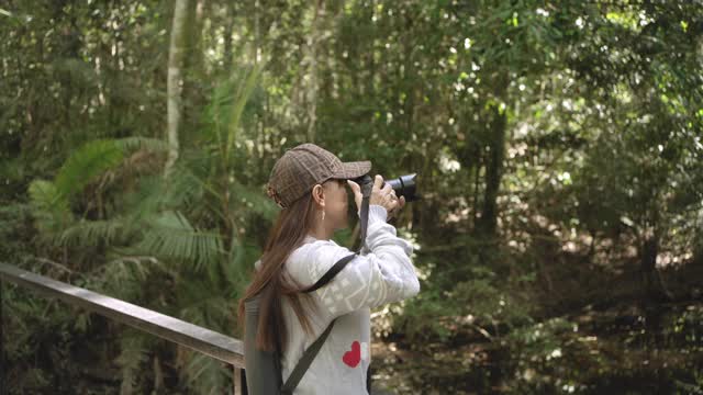 旅行者亚洲女人徒步在森林里视频素材