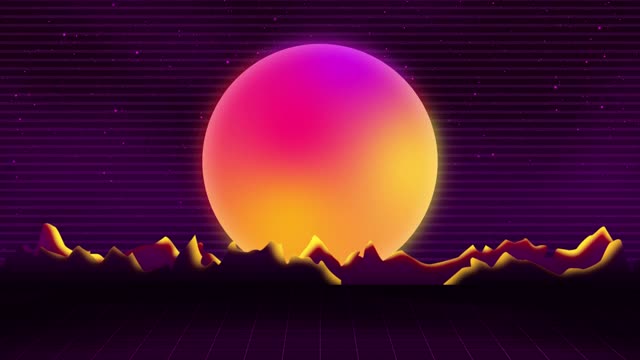 synthwave线框。山上的日落。80年代风格，复古未来主义背景。VHS介绍。朋克风格。地平线景观，霓虹灯，星空。古董无缝循环。Vaporwave视频素材