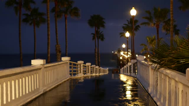 雨点，傍晚在美国加州的海赛德。码头，黄昏的棕榈。光的反射。视频素材