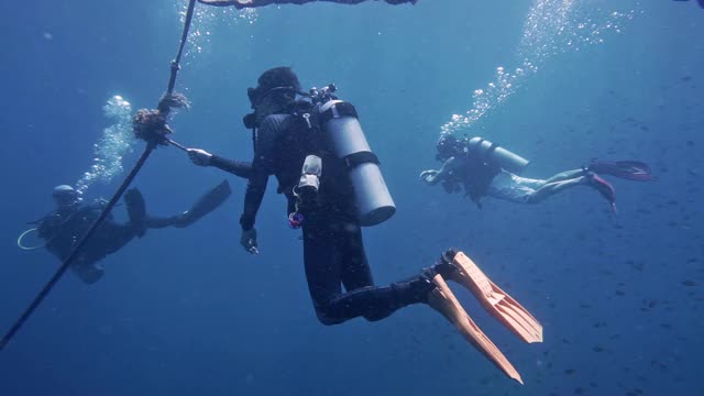 水肺潜水员完成减压安全停止水下视频素材