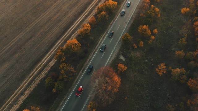 日落时高速公路上秋天交通的鸟瞰图。视频素材