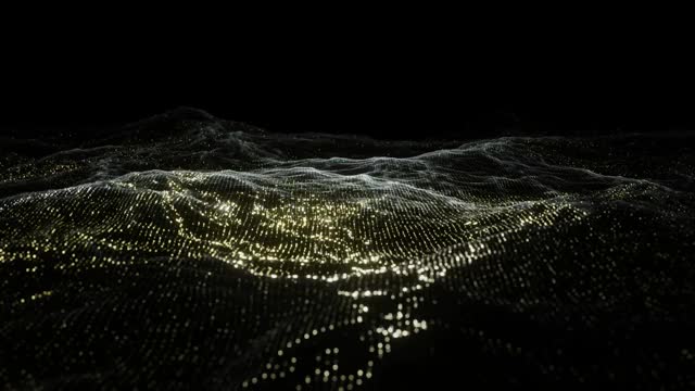 抽象未来技术黄金发光闪烁粒子波深色背景3D渲染视频素材