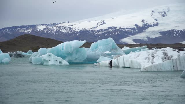 冰岛Jokulsarlon冰川泻湖上的冰山，由融化的冰形成视频素材