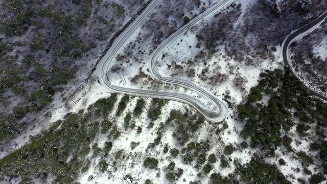 雪覆盖的山路，雪覆盖的树林视频素材