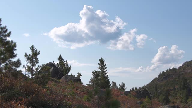 蓝天中的积云飘过山谷。风摇动树木和小灌木。秋季景观有悬崖和森林。视频素材