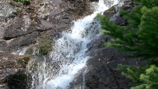 瀑布从石墙上泻下。阳光照在悬崖和山涧上。前景是云杉树枝。石头上长满了苔藓。视频素材