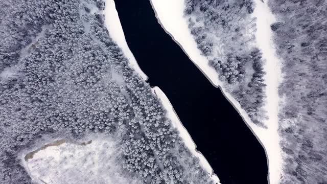 无人机飞过雪林和河流，俯视雪峰中的树木视频素材