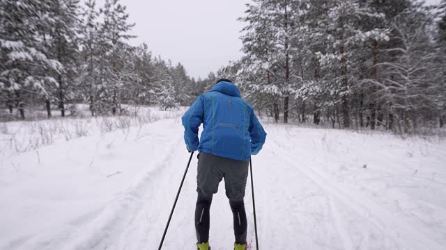 冬季越野滑雪训练。运动员的速度很快视频素材