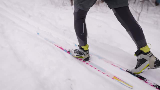 体育生活方式。一个男人在冬季森林里越野滑雪。准备视频素材