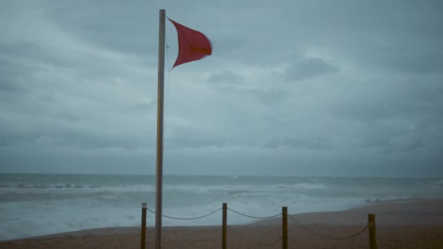 红旗在强风中飘扬的特写。在这海滩游泳很危险。背景上的棕榈树视频下载