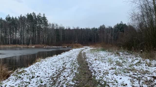 在池塘里走过冬天的风景。湖上的冰。视频素材