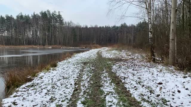 在池塘里走过冬天的风景。湖上的冰。视频素材