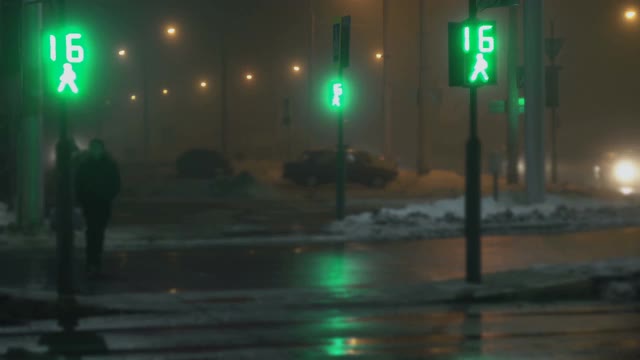 交通信号灯在夜间城市的人行横道上忽闪着绿色，忽闪着红色。人们过马路。在冬天雾。湿沥青反射。来自前大灯的光视频素材