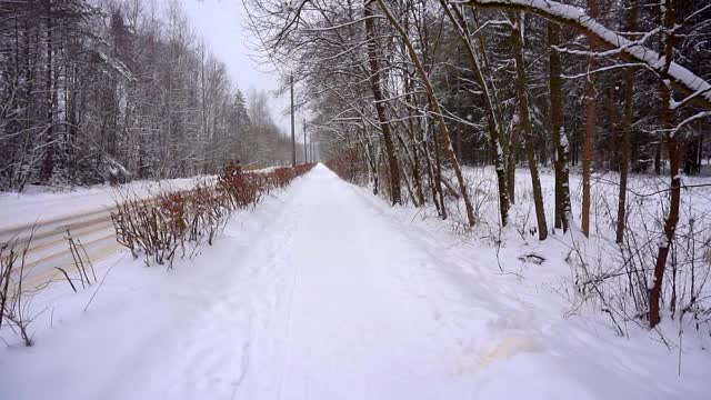 在霜冻的冬日，沿着一条被雪覆盖的小路散步。用电子稳定器射击。第一人称视角视频素材