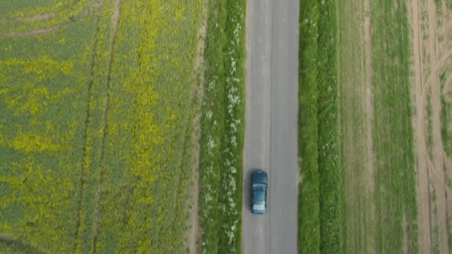 鸟瞰乡村公路上的旅行汽车视频素材