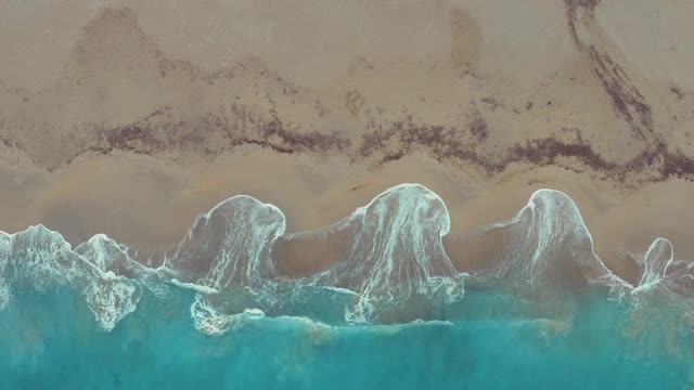 壮观的大海鸟瞰图与海浪和一个人在海岸遛狗视频素材