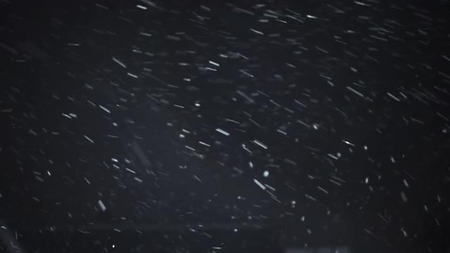 真正的雪。雪花在晚上以不同的速度落下。自然雪孤立在黑暗的背景视频素材