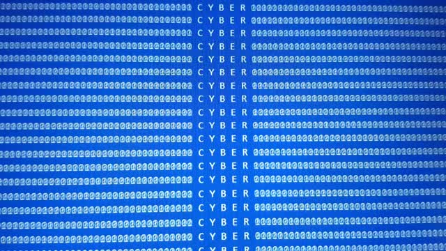 软件开发屏幕与文字CYBER。Scrollining二进制代码。编程深色背景视频素材