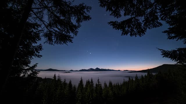 蓝色的夜空与星星在山区森林与雾云运动在傍晚自然景观时间流逝视频素材