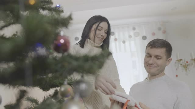 微笑幸福的夫妇在家里装饰圣诞树。正面的爱的高加索男人和女人享受圣诞前夜装饰室内的肖像。连结及庆祝概念视频素材