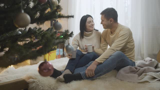 新年早晨，幸福的夫妇在家里喝茶或喝咖啡。积极英俊的高加索男人和美丽愉快的女人在室内谈论享受圣诞节视频素材