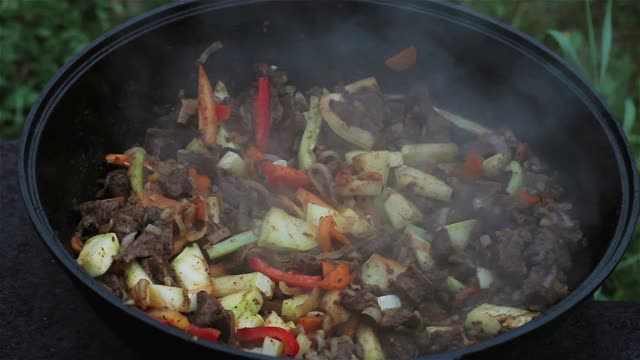 把茄子和肉、洋葱、胡萝卜、西葫芦一起放在一个大锅里。所有的原料都要用木铲混合。在明火上做饭视频素材