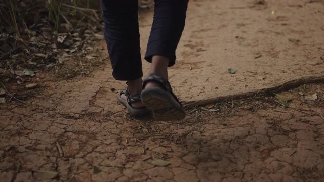 一个男性徒步旅行者正走在笔直的土路上视频素材