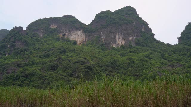 在越南北部的旅游胜地宁平山区，一艘船在岩石上观看。去越南旅游的概念视频素材