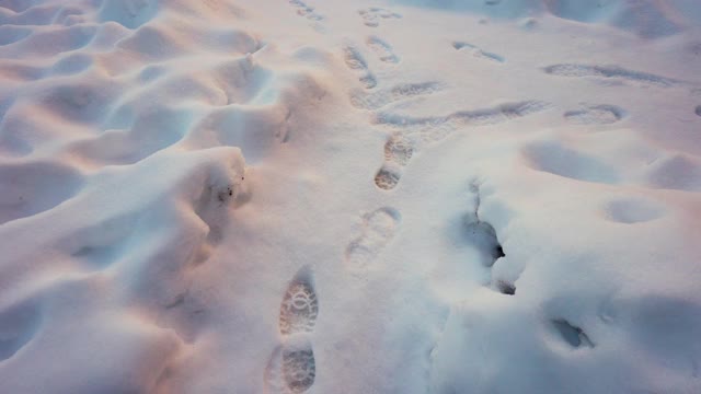 雪地上的脚印经过了岔路口。干净而有霜的白天。视频下载