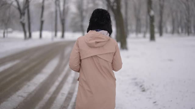 在冬天穿过公园时穿着夹克的女人的后视图视频素材