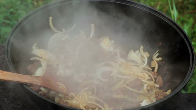 洋葱肉是在明火上的一个大铸铁锅里炖的。牛肉和木勺混合，胡萝卜加入锅中。所有配料都混合在锅里视频素材