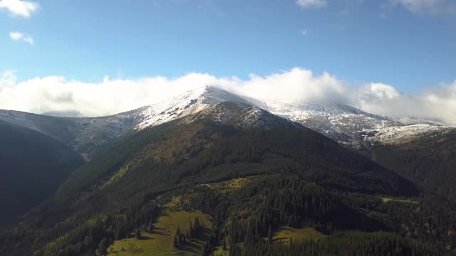 鸟瞰图雄伟的山脉覆盖着绿色云杉森林和高雪峰。视频素材