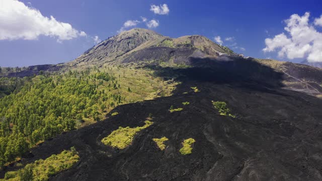 在印度尼西亚巴厘岛的巴图尔火山的斜坡上，冰冻的黑色熔岩和绿色的树木。4 k鸟瞰图视频素材