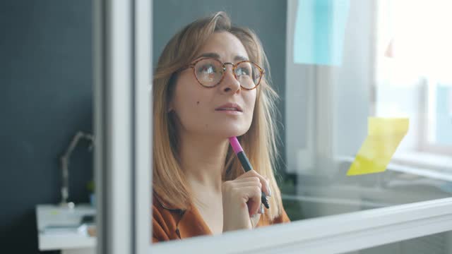 创意女商人在办公室玻璃板上的便利贴上写信息的慢镜头视频素材