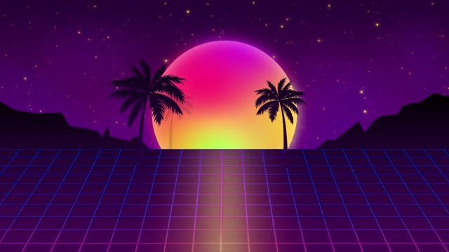 synthwave线框。山上的日落。80年代风格，复古未来主义背景。VHS介绍。朋克风格。地平线景观，移动的棕榈树，星空。复古无缝环蒸发波视频素材