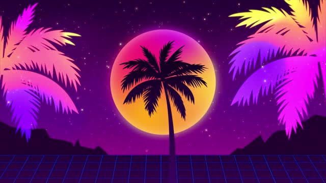 synthwave线框。日落在地平线上。80年代风格，复古未来主义背景。VHS介绍。朋克风格。景观，霓虹般明亮的棕榈树，星空。复古无缝环蒸发波视频素材