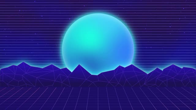 synthwave线框。山上的日落。80年代风格，复古未来主义背景。VHS介绍。朋克风格。地平线景观，霓虹灯，星空。古董无缝循环。Vaporwave视频素材