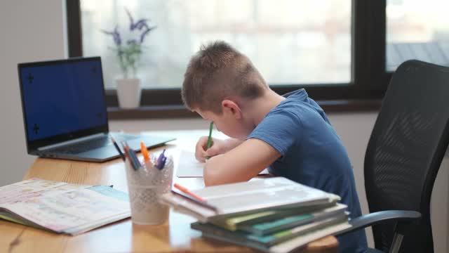 回到学校，在线学习，远程课程，在家教育，学生技术，商务会议。孩子们在家里做作业视频素材