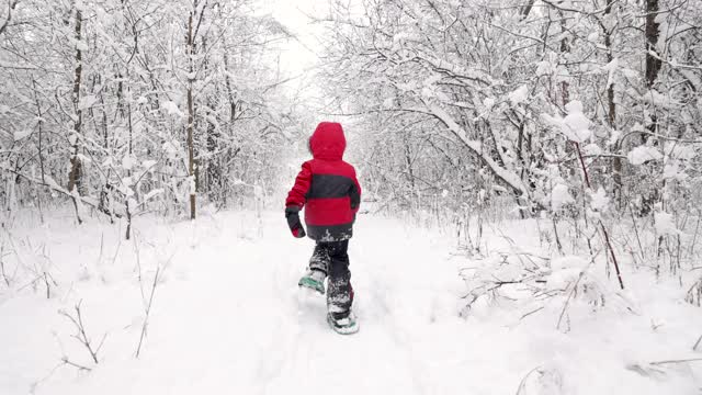 在暴风雪期间，小男孩和他的家人在户外穿雪鞋视频素材