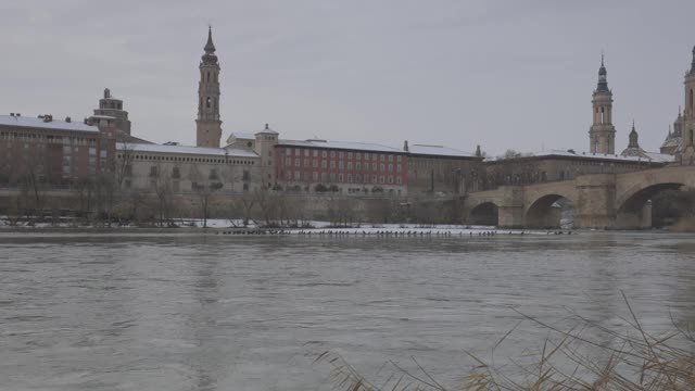 萨拉戈萨，皮拉尔大教堂和埃布罗河全景。的雪。河里有鸬鹚。佳能的日志视频素材