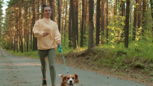 漂亮女人和比格犬在公园慢跑视频素材