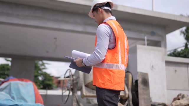 亚洲华人建筑师在工地上用蓝图演示施工进度视频素材