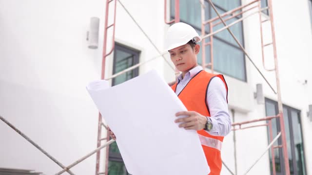 亚洲华人建筑师在工地上用蓝图演示施工进度视频素材