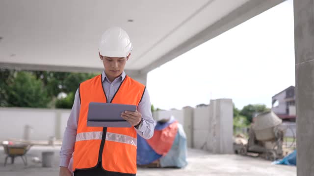 亚洲华人建筑师使用数字平板电脑在建筑工地检验进展。视频素材