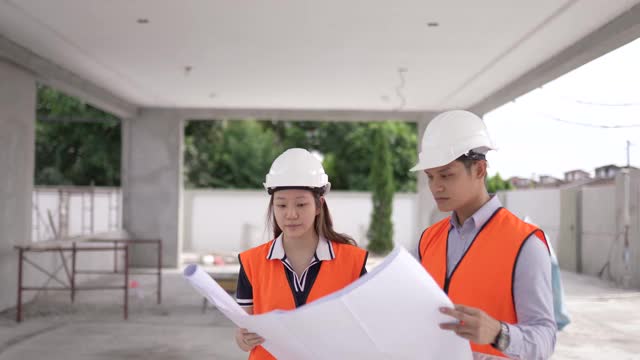 亚洲华人建筑师使用蓝图和数字板在工地上检验进展视频素材