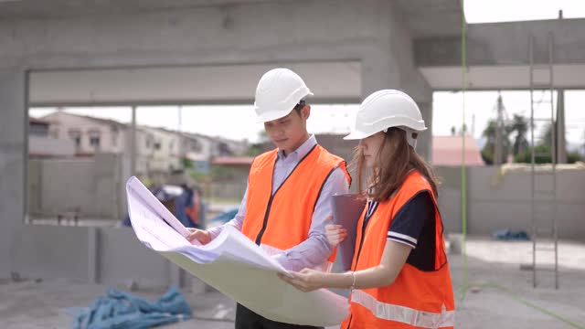 亚洲华人建筑师使用蓝图和数字板在工地上检验进展视频素材