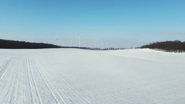 白雪覆盖的田野上有奔跑的鹿，背景是风力发电厂。视频素材